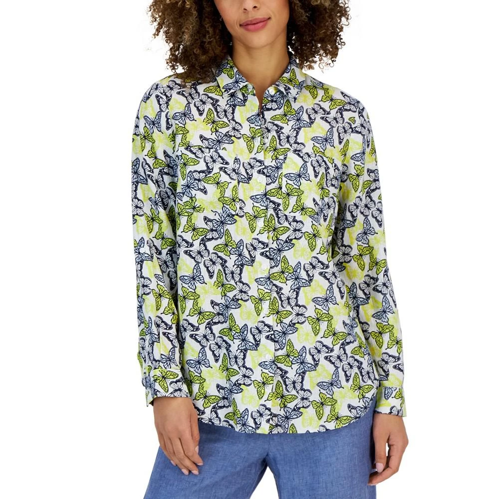 商品Charter Club|Petite Linen Butterfly-Print Long-Sleeve Shirt, Created for Macy's,价格¥81,第1张图片
