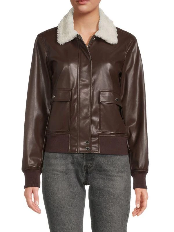 商品Calvin Klein|Faux Fur Trim & Faux Leather Jacket,价格¥346,第1张图片