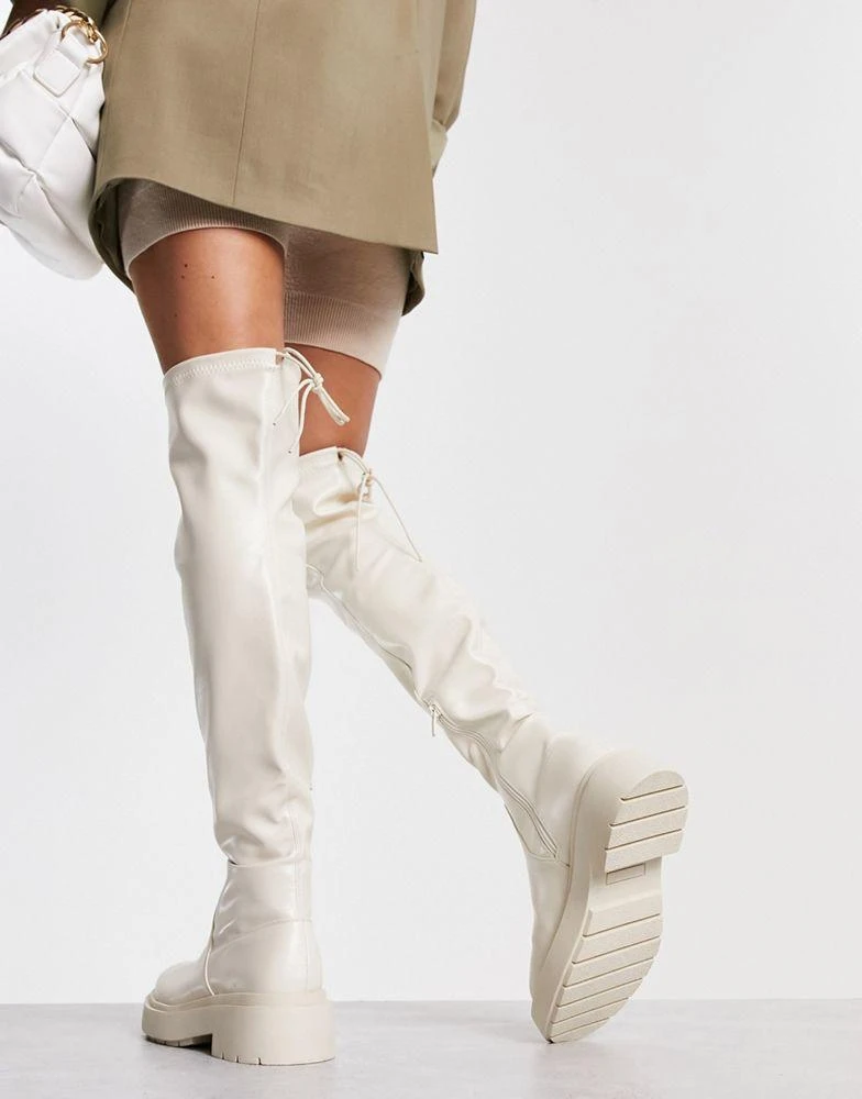 商品New Look|New Look over the knee chunky stretch flat boots in white,价格¥303,第2张图片详细描述