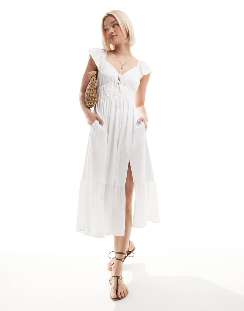 Hollister short sleeve milkmaid midi slit dress in White