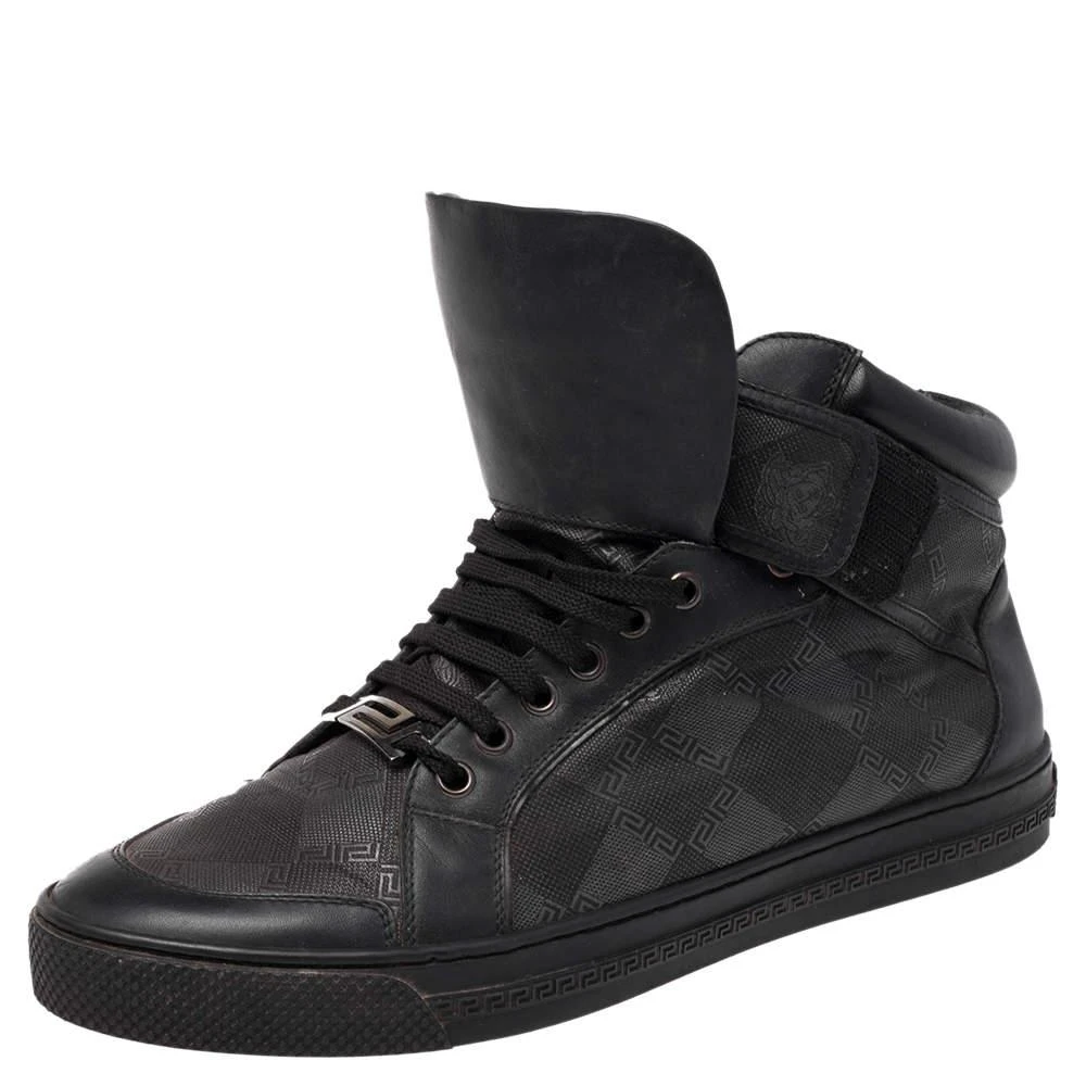 商品[二手商品] Versace|Versace Black Monogram Nylon and Leather Lace High Top Sneakers Size 41,价格¥1106,第1张图片