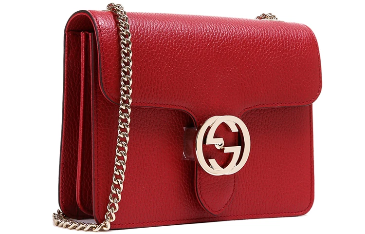 商品[国内直发] Gucci|古驰 金标双G链条肩带 荔枝纹牛皮 邮差包风琴包斜挎单肩包 小号 女款 红色,价格¥6705,第6张图片详细描述