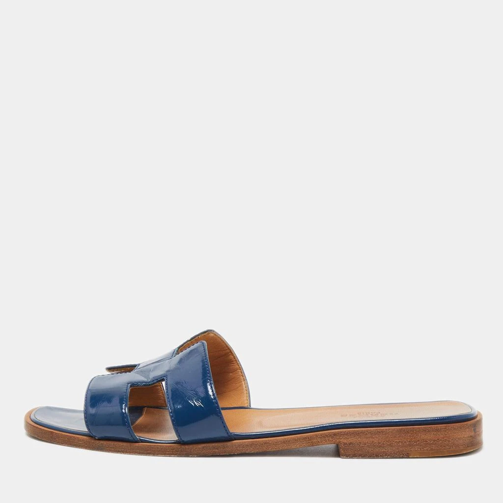 商品[二手商品] Hermes|Hermes Blue Patent Leather Oran Flat Slides Size 37,价格¥3045,第1张图片
