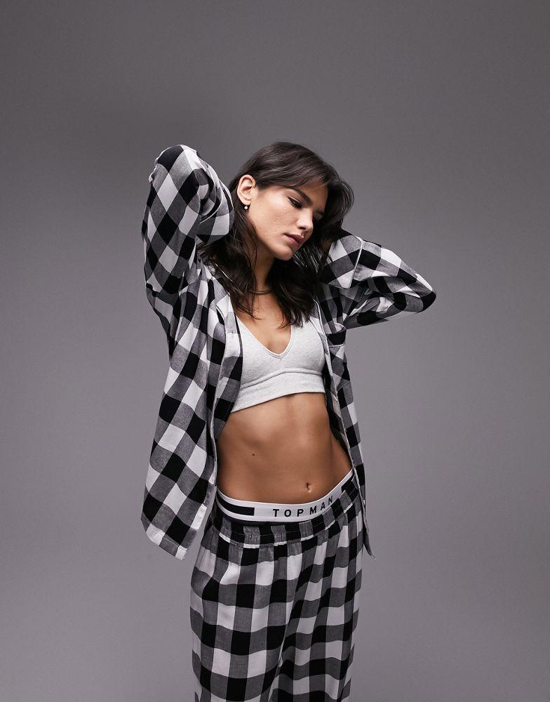 Topshop brushed check piped shirt and trouser pyjama set in monochrome商品第1张图片规格展示