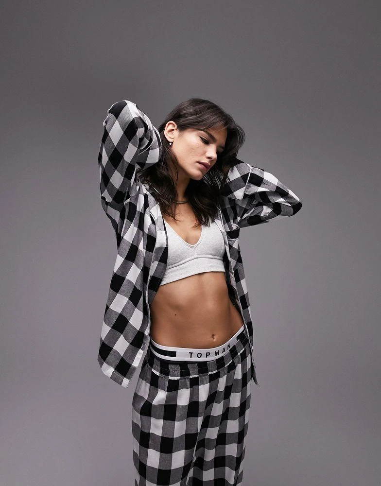 商品Topshop|Topshop brushed check piped shirt and trouser pyjama set in monochrome,价格¥373,第1张图片