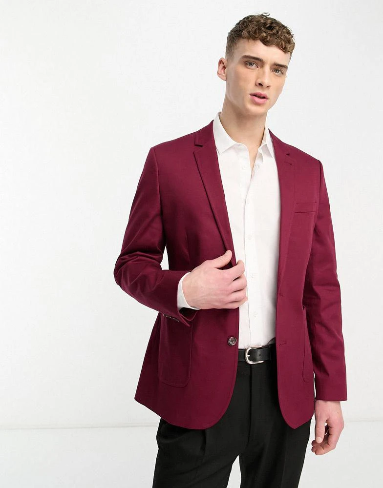 商品ASOS|ASOS DESIGN wedding skinny cotton blazer in burgundy,价格¥261,第1张图片