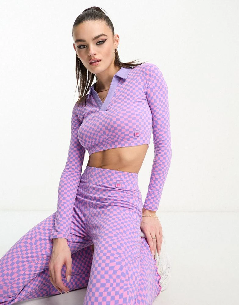 商品Fila|Fila warped check collared long sleeve top in pink and purple,价格¥130,第1张图片