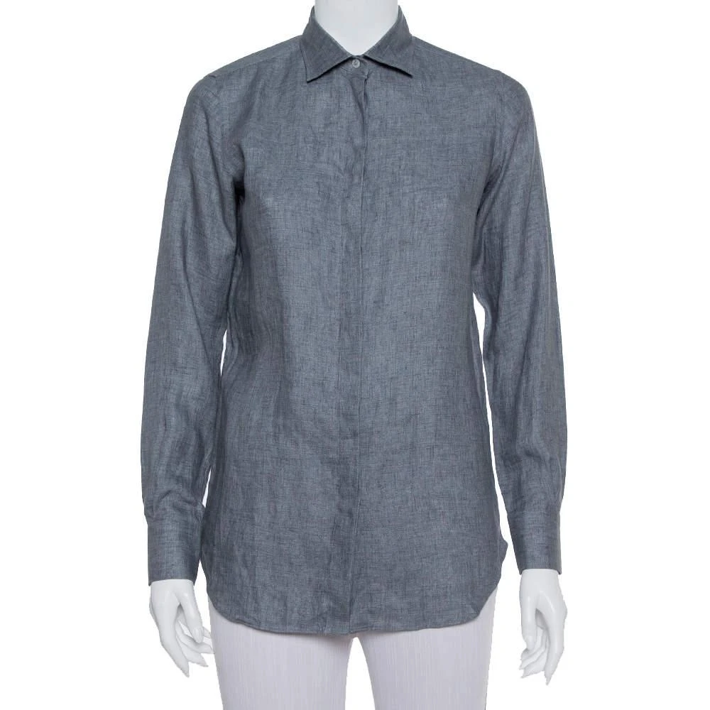 商品[二手商品] Loro Piana|Loro Piana Grey Linen Button Front Shirt S,价格¥1633,第1张图片