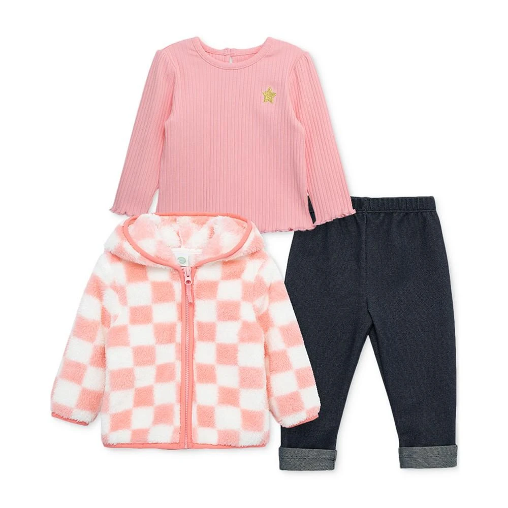 商品Little Me|Baby Girls Checkerboard Faux-Sherpa Jacket, Long-Sleeved Top and Pants, 3 Piece Set,价格¥221,第1张图片