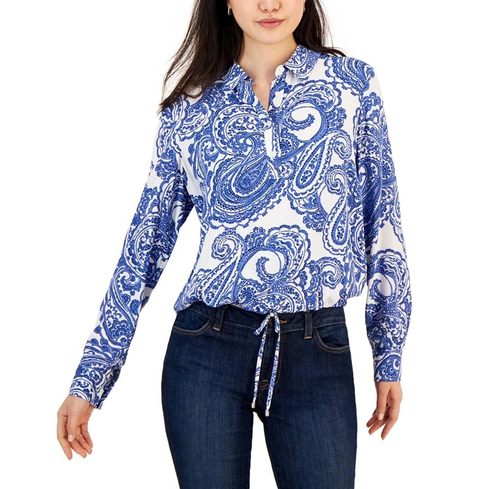 商品Tommy Hilfiger|Women's Paisley-Print Tie-Hem Long-Sleeve Top,价格¥157,第1张图片