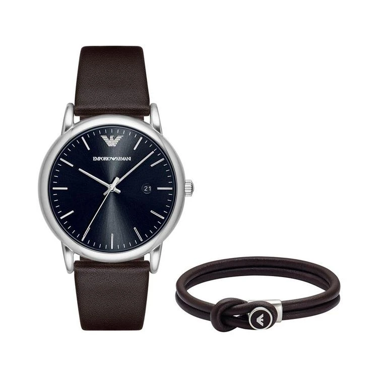 商品Emporio Armani|Men's Luigi Brown Leather Strap Watch & Leather Bracelet Gift Set 43mm AR80008,价格¥1558,第2张图片详细描述