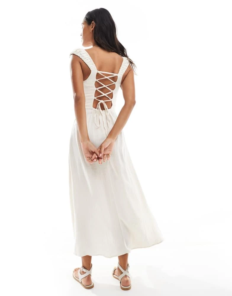 商品Stradivarius|Stradivarius milkmaid midi dress with slit in beige,价格¥373,第2张图片详细描述