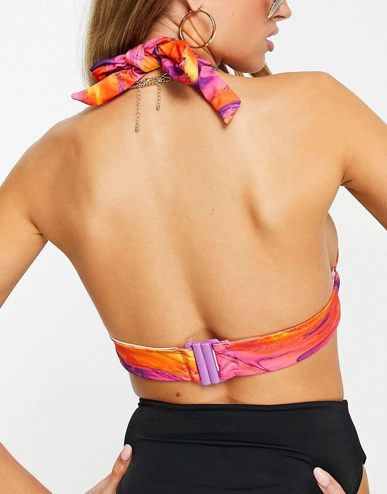 商品ASOS|ASOS DESIGN Fuller Bust mix and match halter plunge bikini top in sunset marble print,价格¥128,第2张图片详细描述