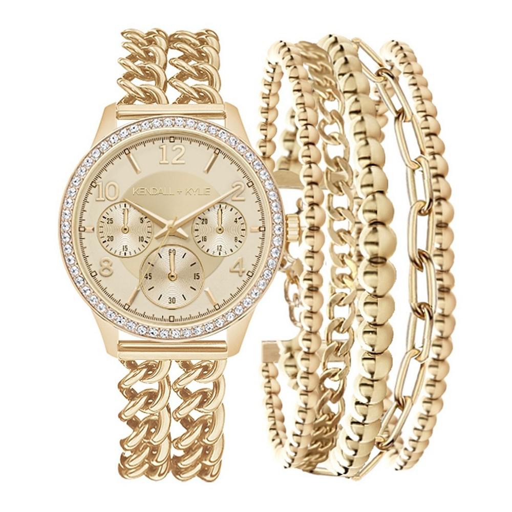 Women's Double Gold Tone Stainless Steel Strap Analog Watch and Layered Bracelet Set 40mm商品第1张图片规格展示