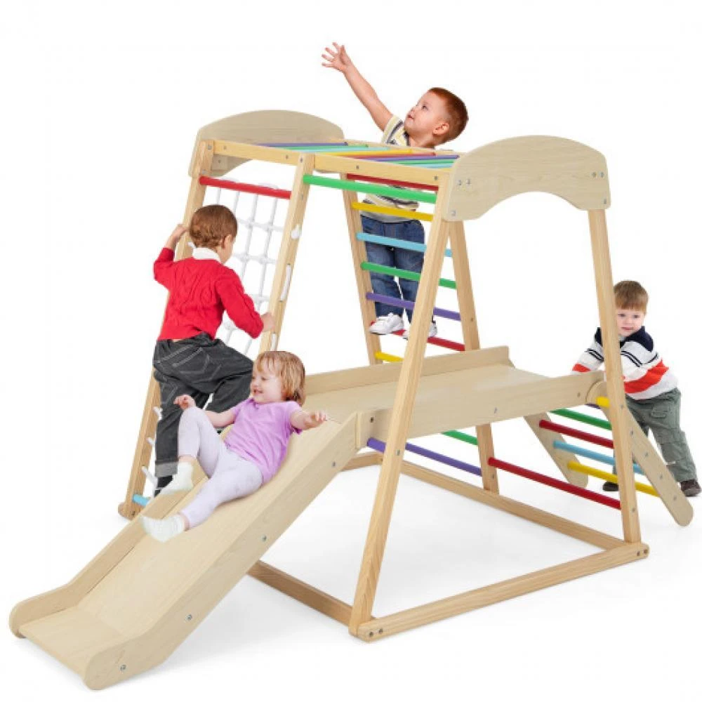商品Hivvago|6-in-1 Indoor Jungle Gym Kids Wooden Playground with Monkey Bars-Multicolor,价格¥1839,第4张图片详细描述