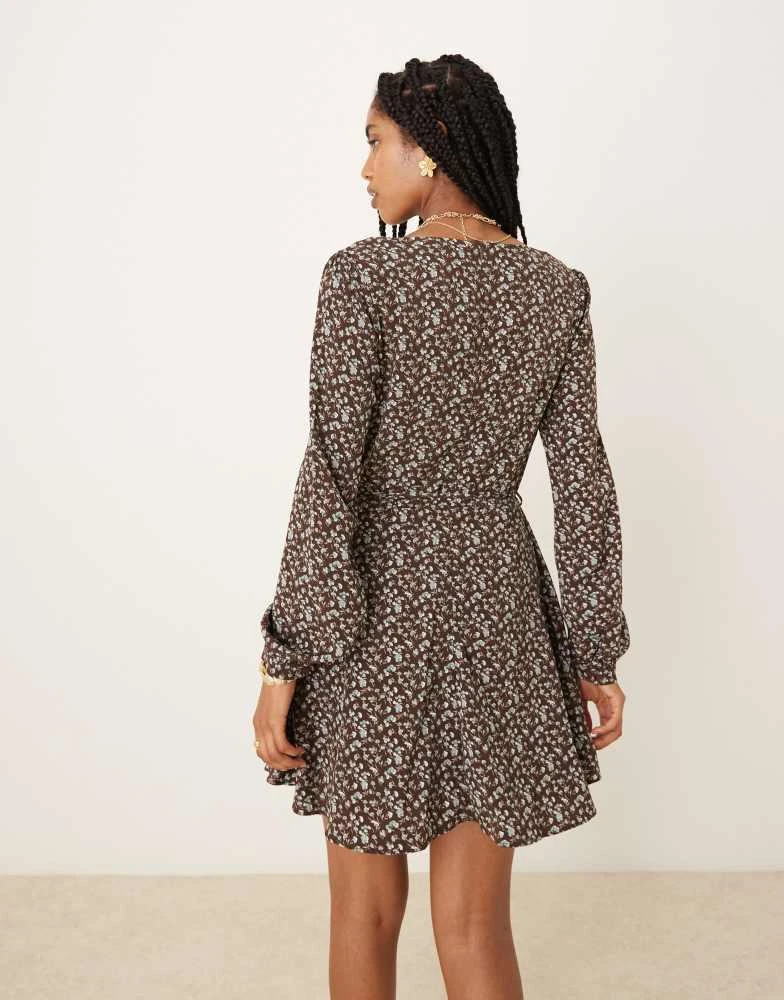 商品Glamorous|Glamorous long sleeve mini tea dress in brown blue floral,价格¥348,第4张图片详细描述
