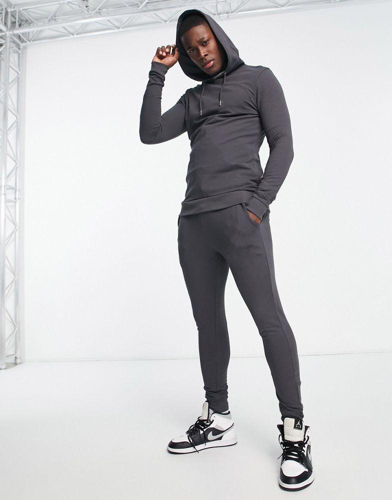 ASOS DESIGN muscle hoodie with super skinny joggers tracksuit in washed black商品第1张图片规格展示
