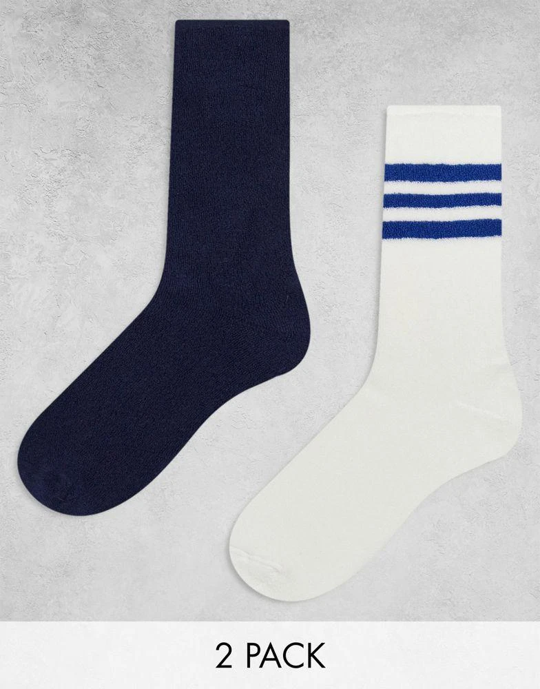 商品ASOS|ASOS DESIGN 2 pack sock in towelling with navy stripe,价格¥59,第1张图片