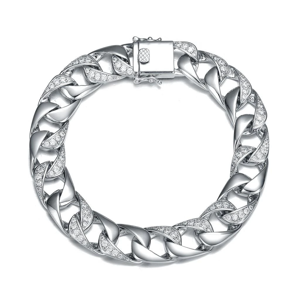 商品Genevive|Men's Sterling Silver White Gold Plated with Iced Out Cubic Zirconia Miami Cuban Chain Bracelet,价格¥1530,第1张图片