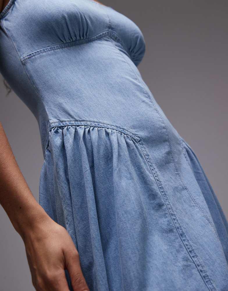 topshop denim midi dress Topshop Blue Chambray Spaghetti Strap Denim Midi Dress size 2 High Side Slit