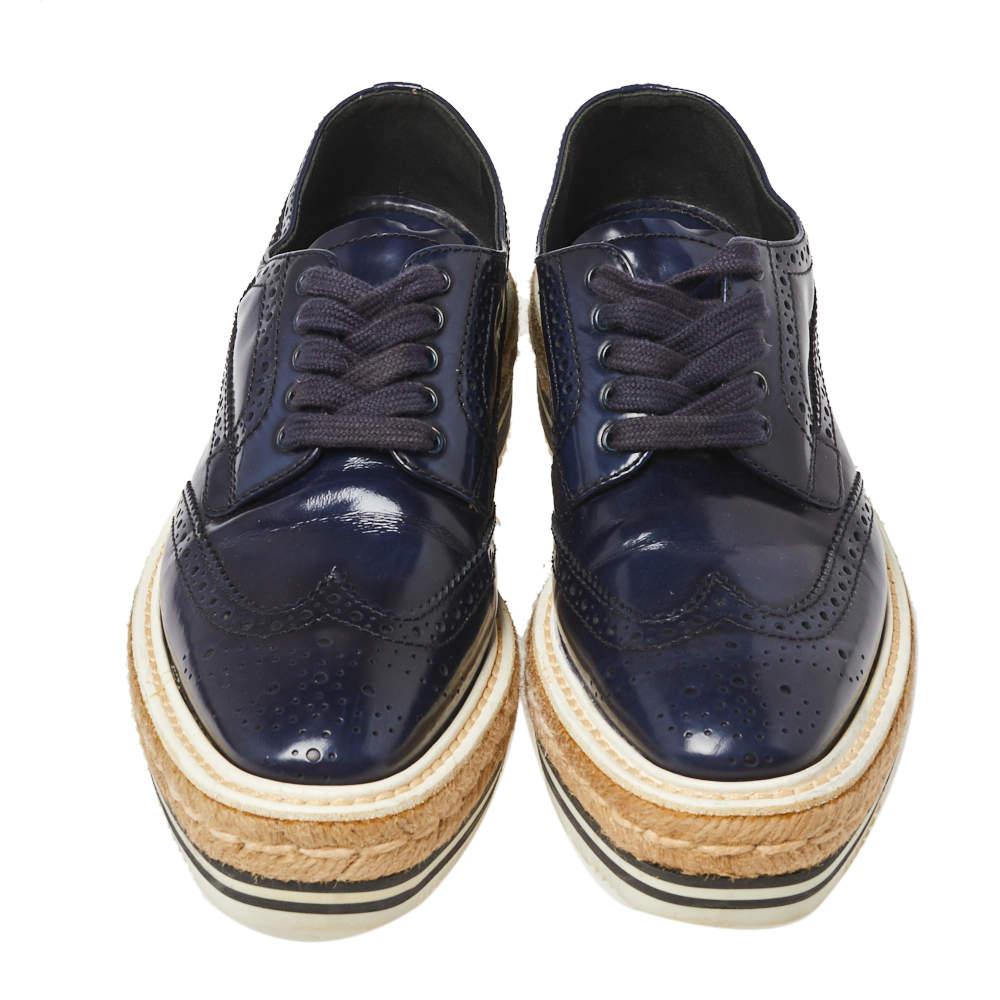 Prada Blue Brogue Leather Derby Lace Up Espadrille Sneakers Size 35.5商品第3张图片规格展示