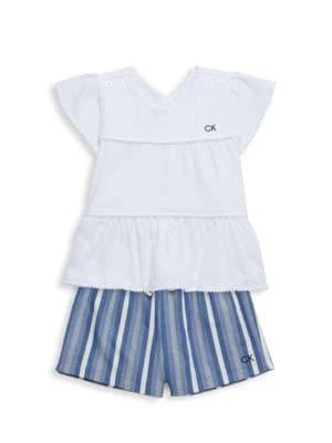商品Calvin Klein|Little Girl’s 2-Piece Tiered Tee & Striped Shorts Set,价格¥188,第1张图片