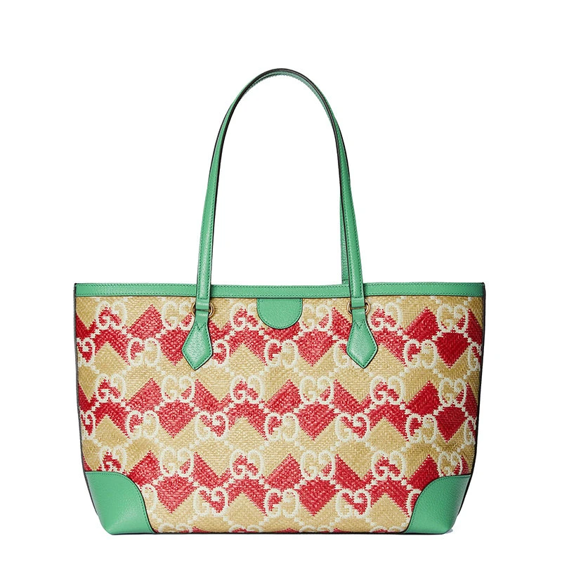 商品Gucci|【包税】GUCCI/古驰 22新款 女士红色草编效果老花印花织物配皮饰Porto Cervo皮扣青绿色皮革细节金扣单肩手提托特包631685UYFFG8648,价格¥12934,第6张图片详细描述