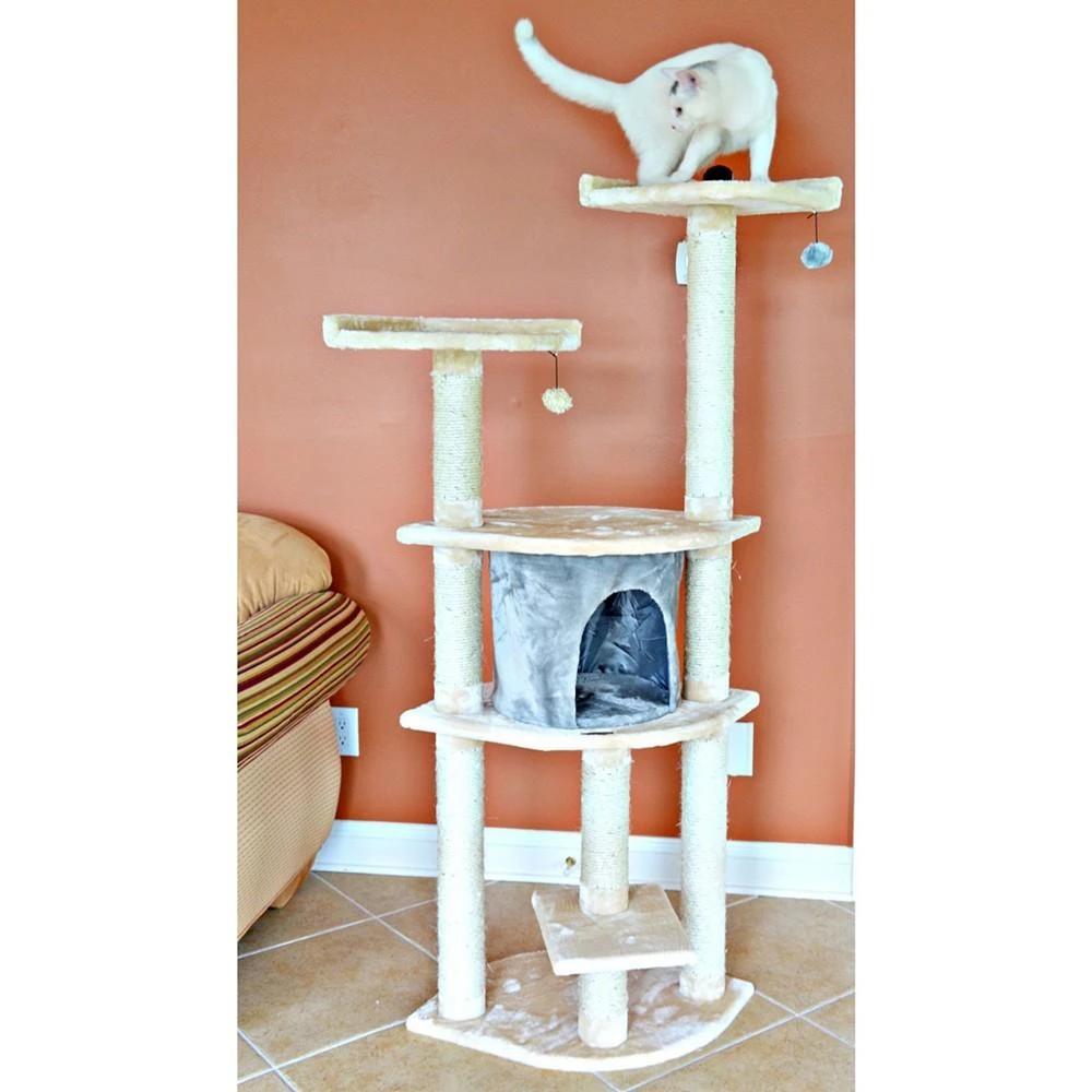 64" Real Wood Cat Tree With Scratch Post, Soft-side Playhouse 商品