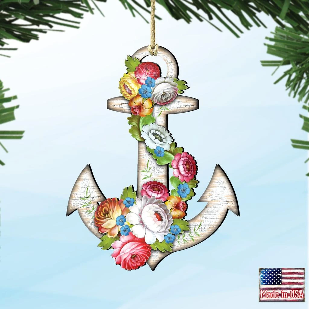 商品Designocracy|Designocracy Floral Anchor Wood Wood Ornaments Set of 2 G.DeBrekht Coastal,价格¥204,第1张图片