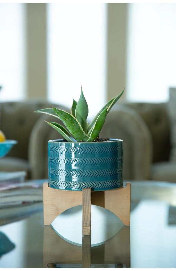 Teal 5" Arrow Ceramic Planter On Wood Stand 商品