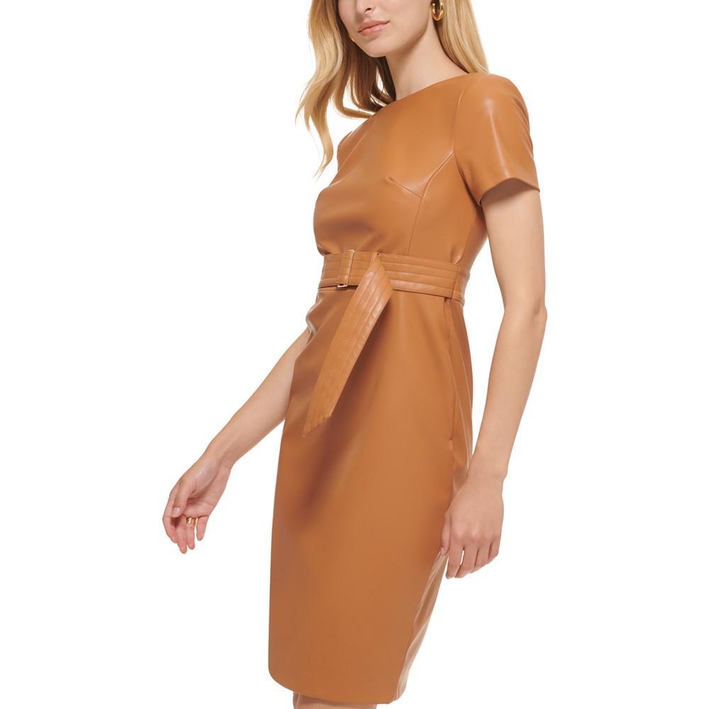 商品Calvin Klein|Faux-Leather Belted Sheath Dress,价格¥552,第5张图片详细描述