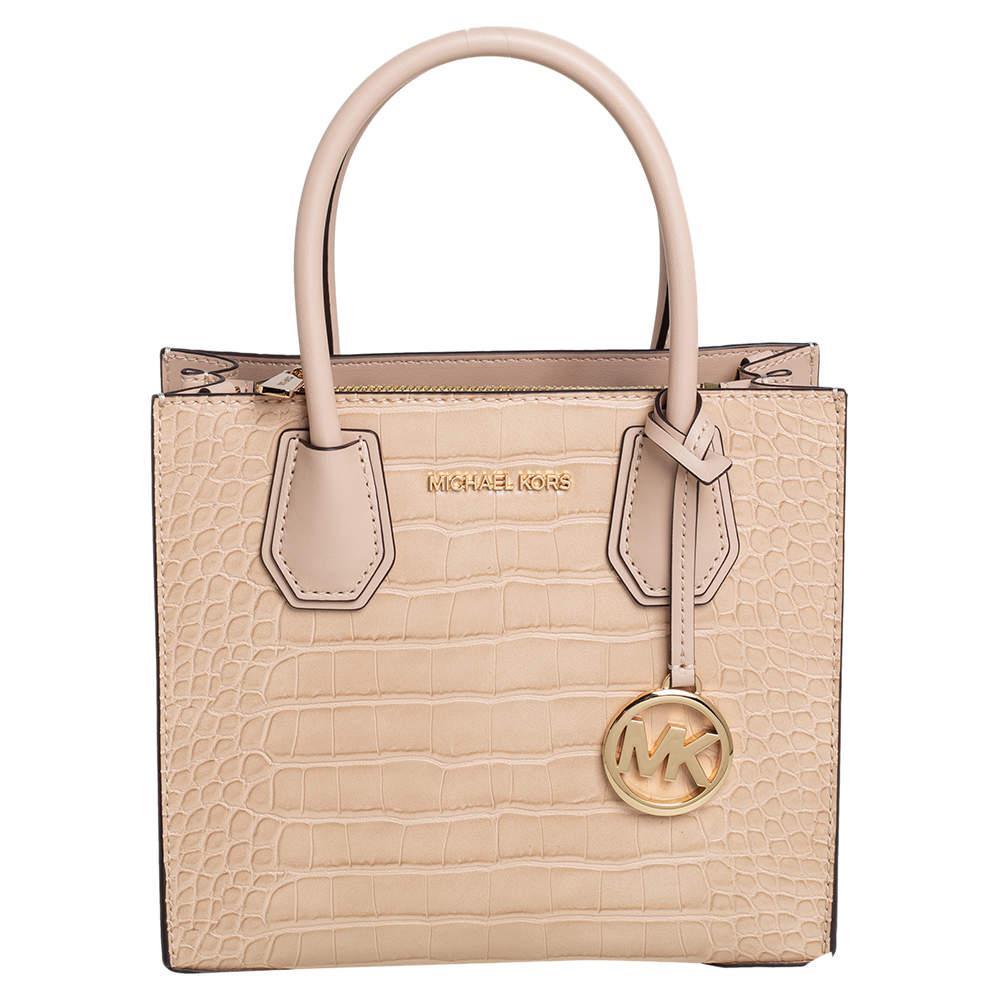 商品Michael Kors|Michael Kors Beige Croc Embossed Leather Mercer Tote,价格¥1724,第1张图片