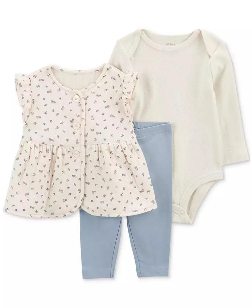 商品Carter's|Baby Girls Floral Quilted Little Vest, Bodysuit & Pants, 3 Piece Set,价格¥247,第1张图片