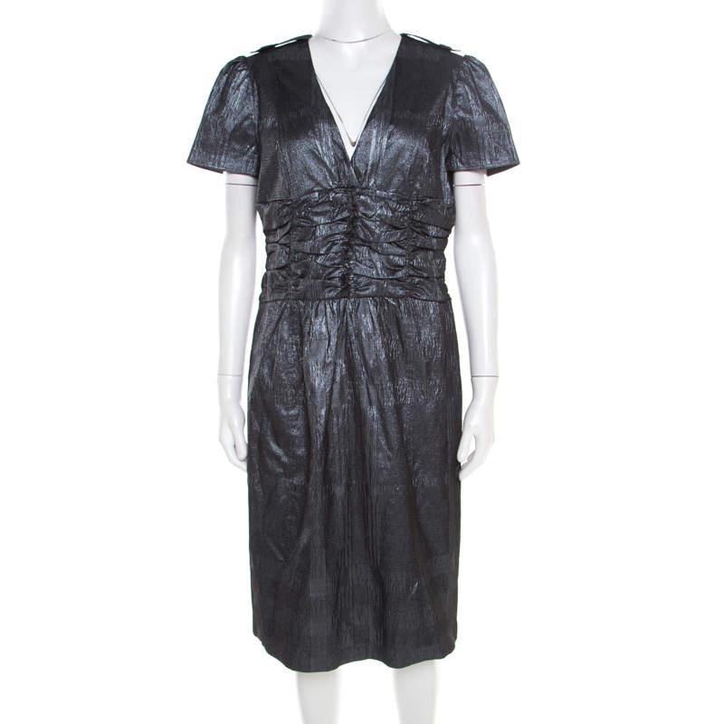 商品[二手商品] Burberry|Burberry London Metallic Silver Jacquard Plunge Neck Short Sleeve Dress M,价格¥1449,第1张图片