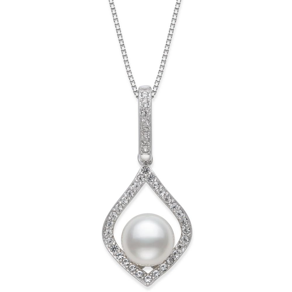 Cultured Freshwater Pearl (7mm) & Cubic Zirconia 18" Pendant Necklace in Sterling Silver商品第1张图片规格展示
