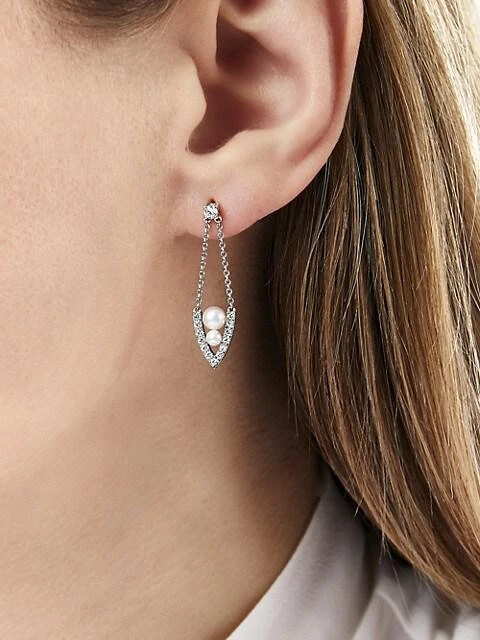 商品Yoko London|Sleek 18K White Gold, 3-5MM Akoya Pearl &amp; Diamond Chain Teardrop Earrings,价格¥12295,第2张图片详细描述
