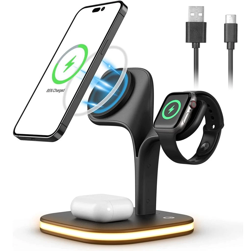 商品Fresh Fab Finds|4-in-1 Magnetic Wireless Charger: 15W Fast Charging Stand for iPhone 14/13/12 Pro Max, iWatch 7/6/5, Nightlight,价格¥551,第1张图片