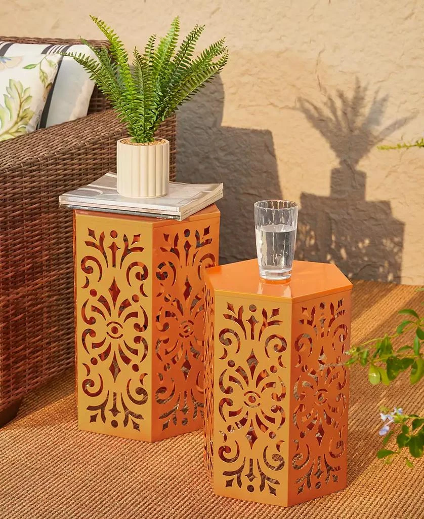 Multi-Functional Set of 2 Orange  Cutout Floral Hexagonal Garden Stools or Planter Stand 商品