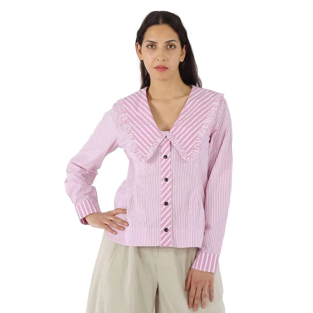 商品Ganni|Ladies Ruffled Striped Organic Cotton-Poplin V-Neck Blouse,价格¥742,第1张图片