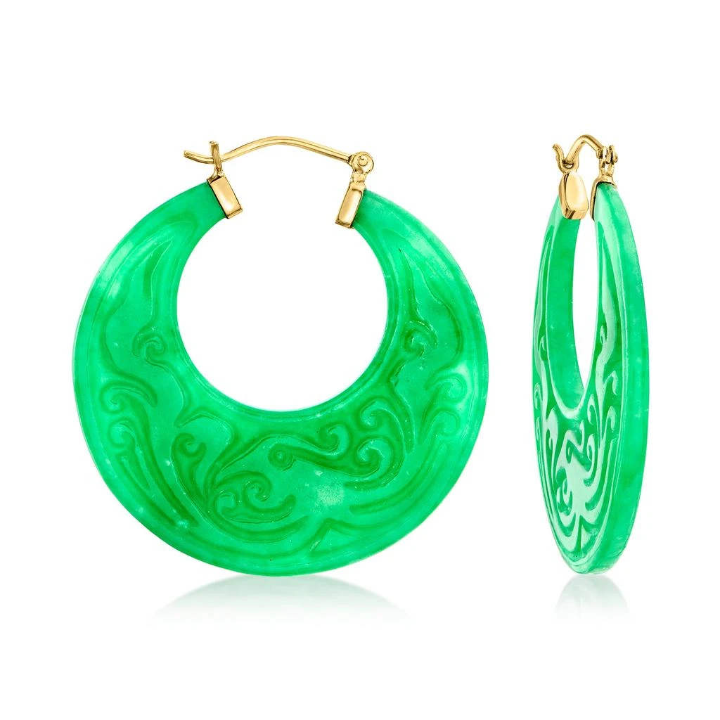 商品Ross-Simons|Ross-Simons Carved Jade Phoenix Hoop Earrings in 14kt Yellow Gold,价格¥1765,第1张图片