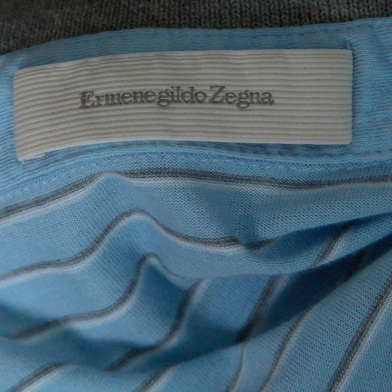 Ermenegildo Zegna Sky Blue Striped Cotton Contrast Collar Polo T-Shirt XXL商品第5张图片规格展示