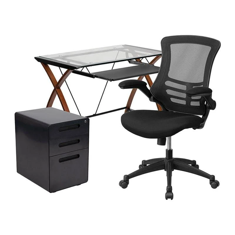 商品Offex|Work From Home Kit Glass Desk with Keyboard Tray, Ergonomic Mesh Office Chair and Filing Cabinet with Lock & Inset Handles,价格¥7601,第1张图片