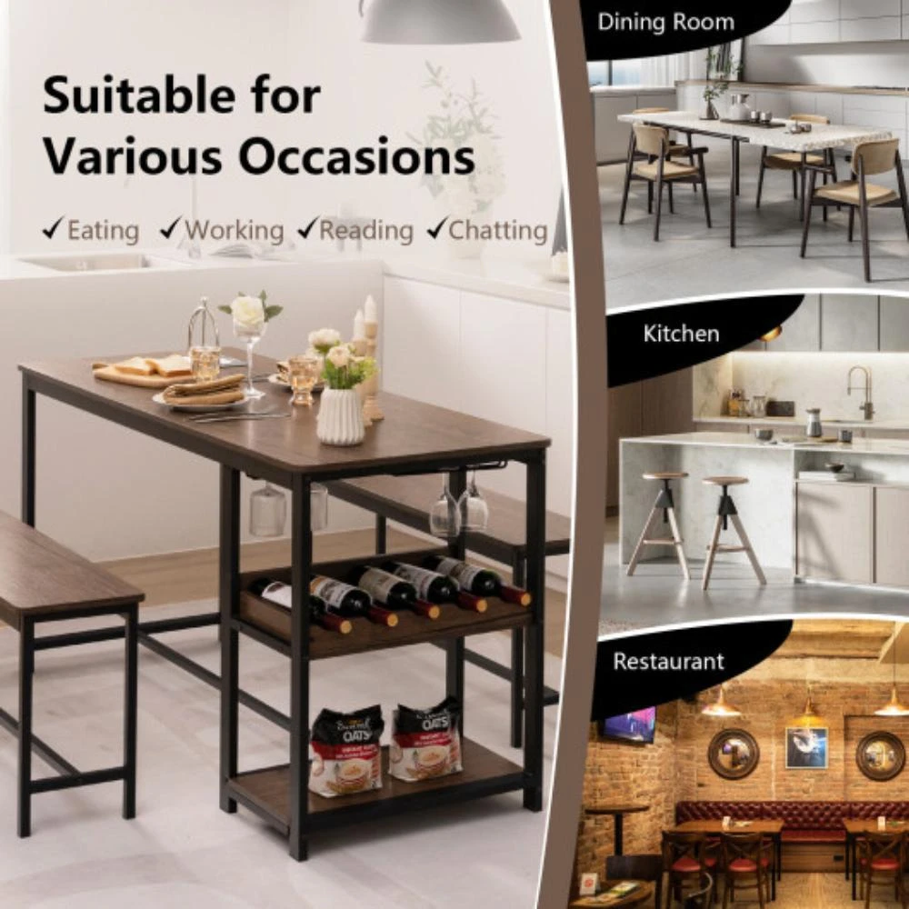 商品Hivvago|3 Pieces Dining Table Set for 4 with Wine Rack-Brown,价格¥1599,第2张图片详细描述