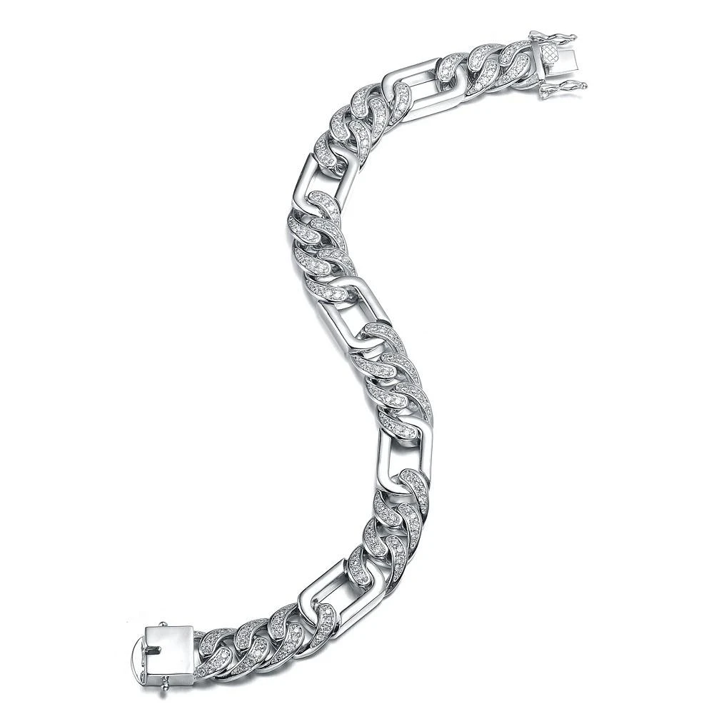 商品Genevive|Men's Sterling Silver White Gold Plated with Iced Out Cubic Zirconia Oblong Curb Chain Bracelet,价格¥1530,第2张图片详细描述