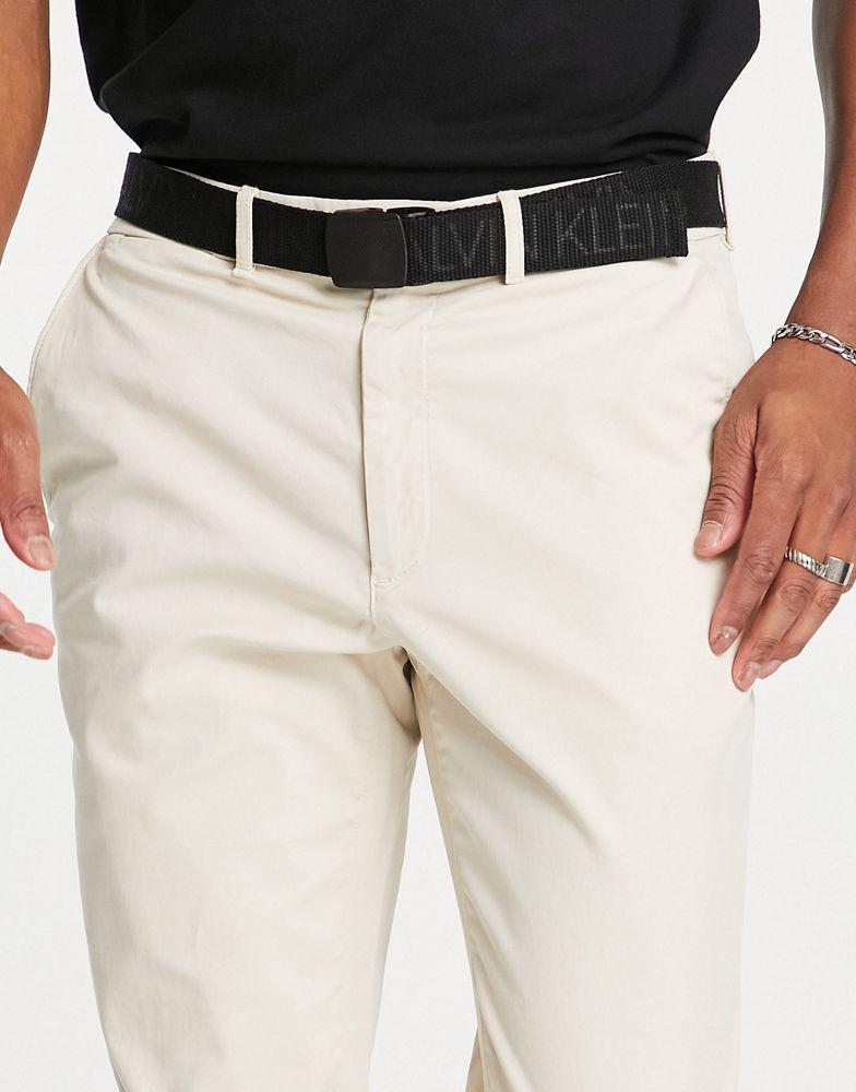 商品Calvin Klein|Calvin Klein slim fit garment dyed chinos with belt in beige,价格¥883,第1张图片