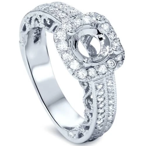 商品Pompeii3|VVS 3/4 Cushion Halo Filigree Engagement Ring Setting 14K White Gold Setting Only,价格¥9548,第1张图片