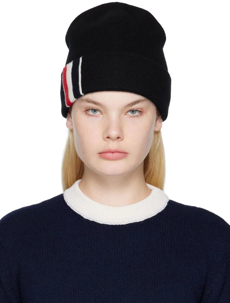 商品Thom Browne|Black Merino Stripe Knit Beanie,价格¥2608,第1张图片