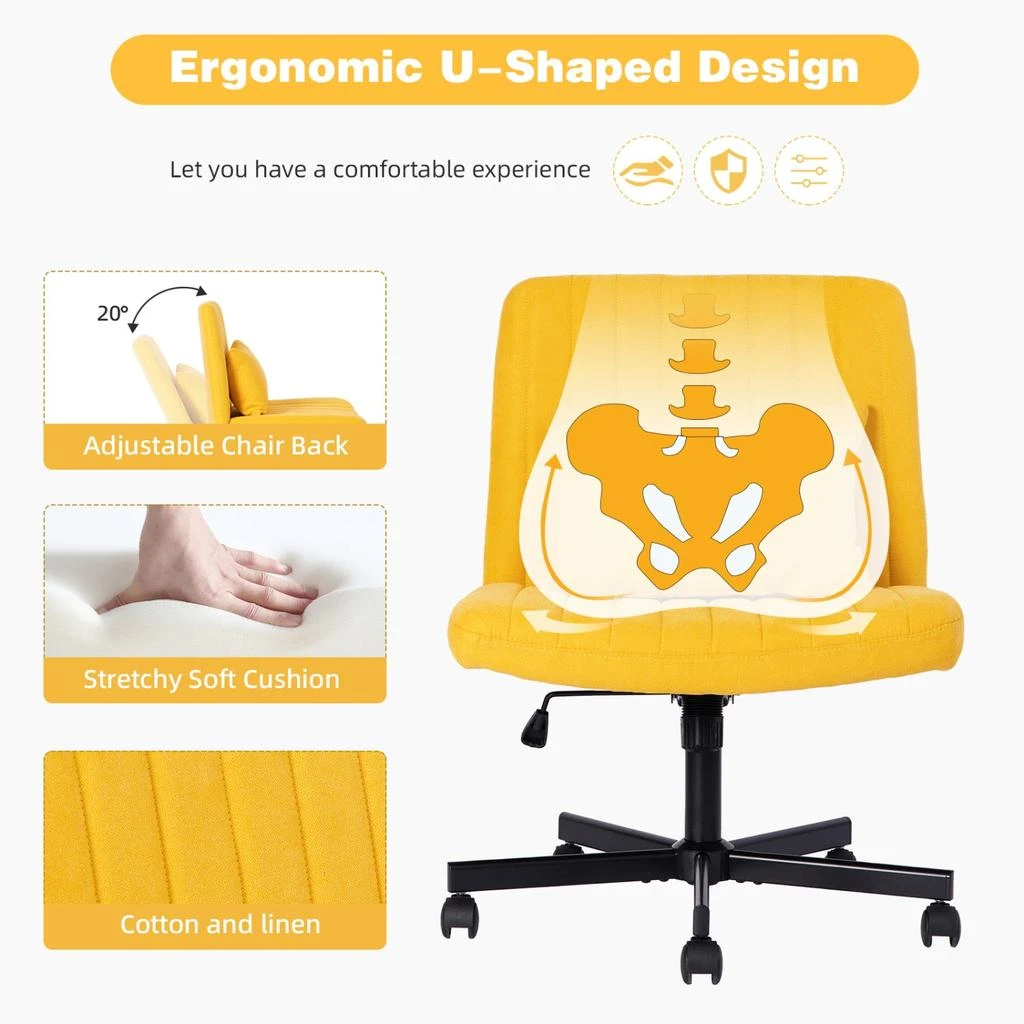 商品Streamdale Furniture|Streamdale Yellow Linen Armless Office Chair with Wheels,价格¥1101,第5张图片详细描述