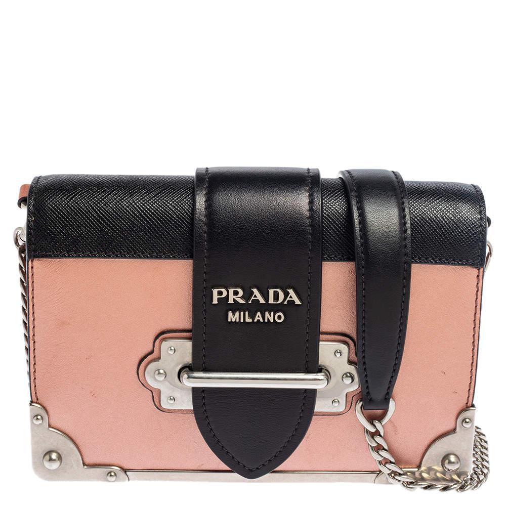 Prada Metallic Pink/Black Leather Cahier Shoulder Bag商品第1张图片规格展示