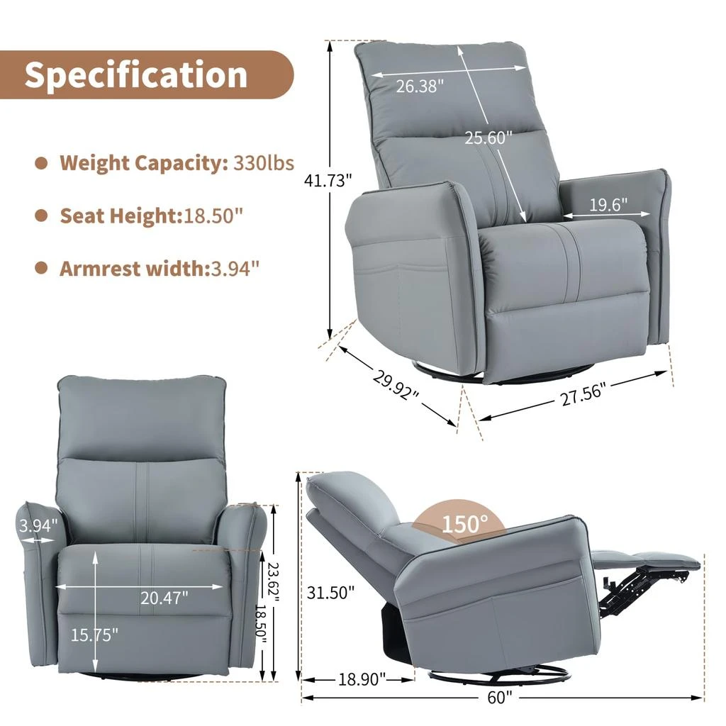 商品Streamdale Furniture|Streamdale Swivel Rocker Recliner Chair, Nursery Glider, Modern Rocking Chair (Blue-Gray),价格¥3523,第3张图片详细描述